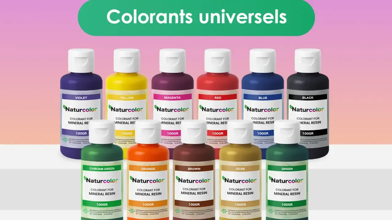 Des flacons de colorants pour résine minérale, offrant une large gamme de couleurs. Chaque flacon, d'une contenance de 100g, illustre la diversité du pigment.