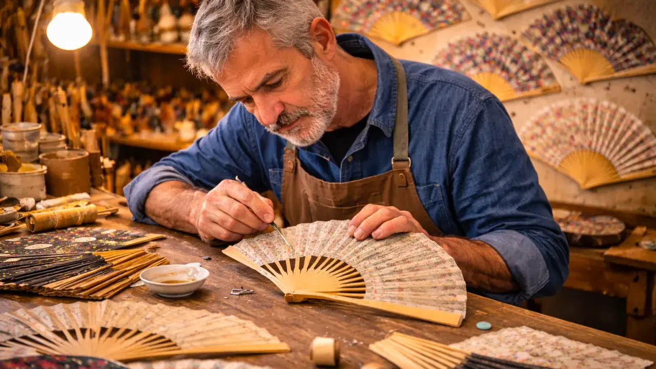 Un artisan expérimenté, au cœur de son atelier, déploie son savoir faire artisanal pour peindre délicatement un éventail.