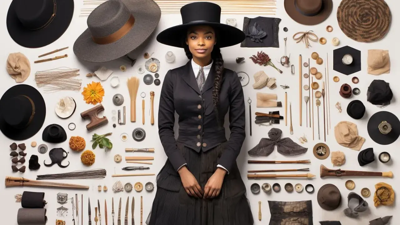 Une jeune femme, une modiste, pose entourée d'outils et de matériaux pour la création de chapeaux.