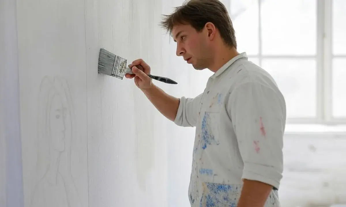 Un peintre applique une couche de chaux éteinte sur un mur, esquissant un portrait.