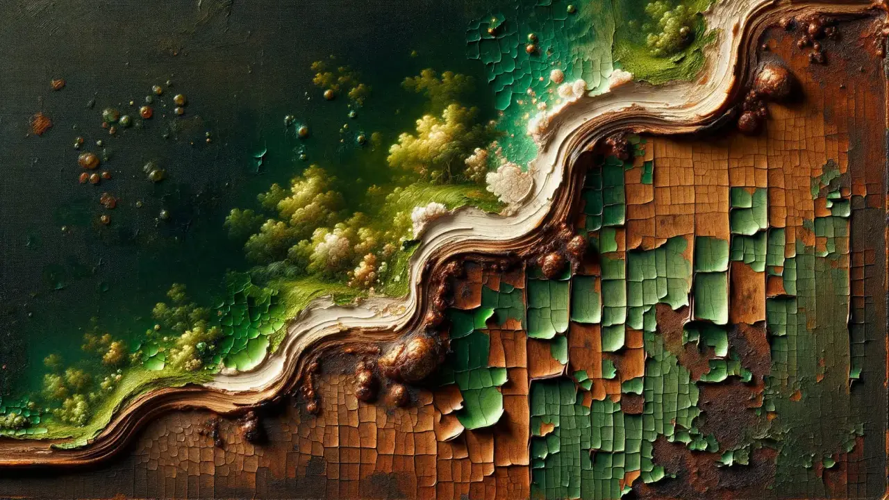 Une texture abstraite évoquant une terre verte luxuriante, contrastant avec une surface craquelée et ancienne.