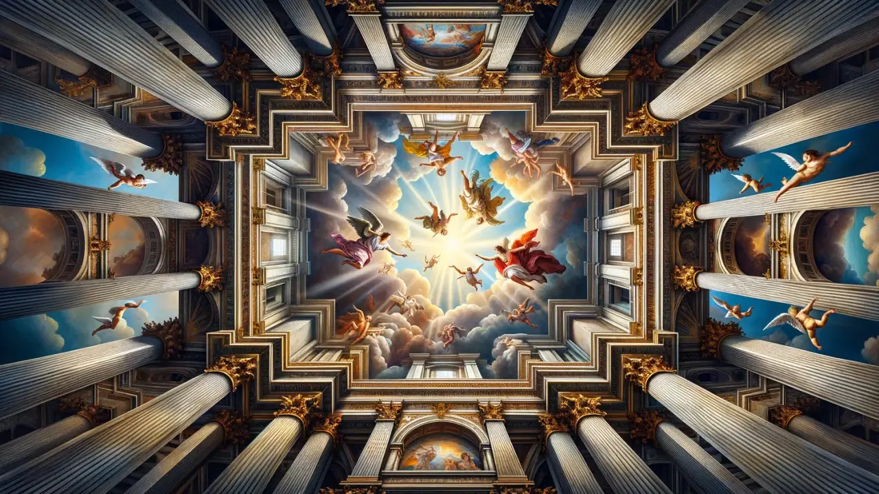 Un plafond orné de colonnes majestueuses et de peintures de **peintres figuratifs contemporains** représentant des anges dans un ciel lumineux.