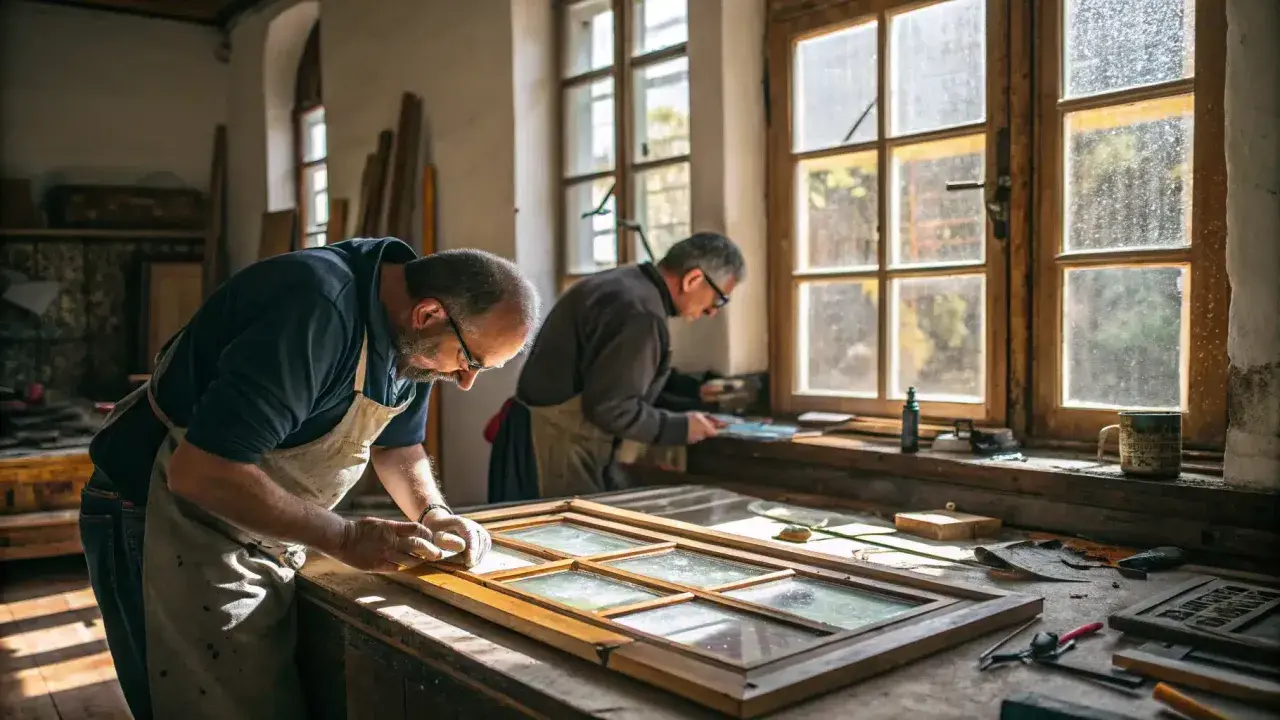 Deux artisans restaurent une ancienne fenêtre art nouveau dans leur atelier baigné de lumière.