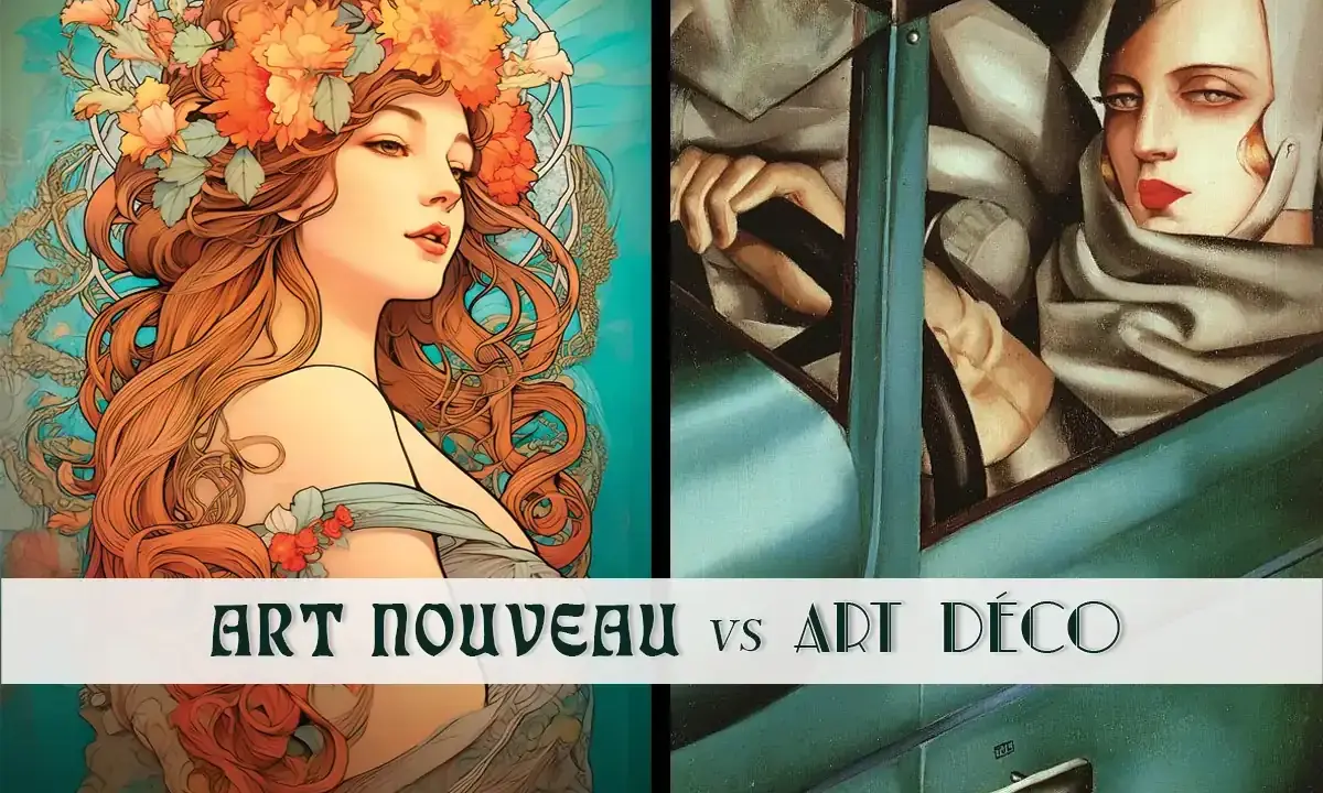 Comparaison entre l'art nouveau et l'art déco : une femme aux fleurs et une autre au volant d'une voiture.