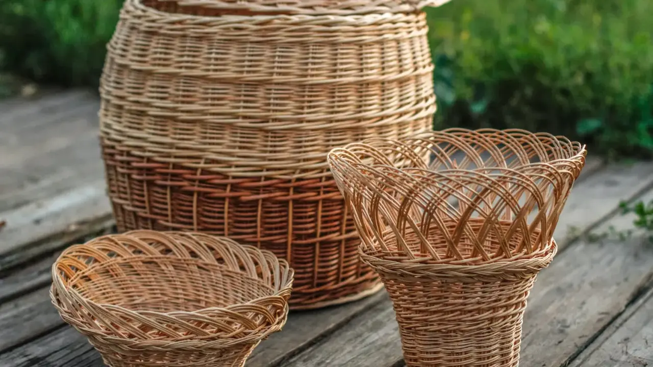 Trois paniers en rotin, un grand avec couvercle, un moyen et un petit. Apprenez comment entretenir le rotin pour qu'ils durent longtemps.