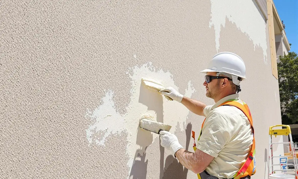 Un ouvrier applique un enduit texturé sur un mur extérieur. Le **pigment enduit** est appliqué avec une truelle pour créer une finition texturée.