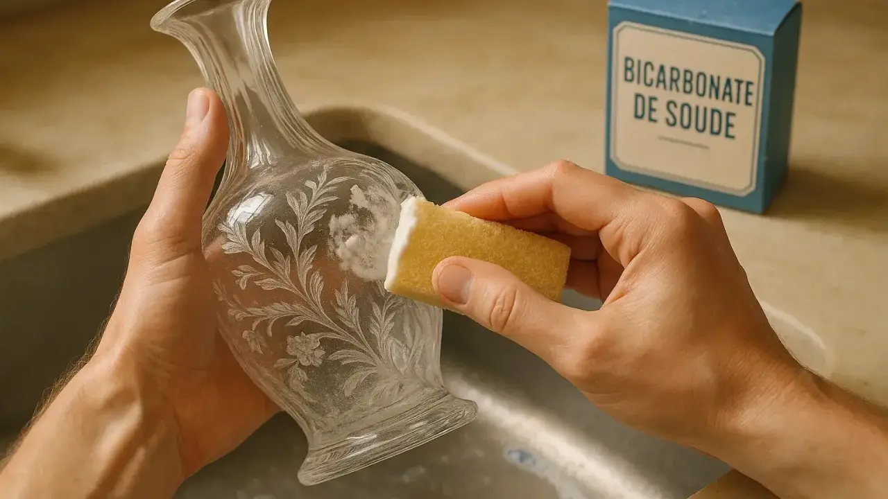 Apprendre comment nettoyer du cristal : une éponge imbibée de bicarbonate de soude frotte délicatement un vase orné.