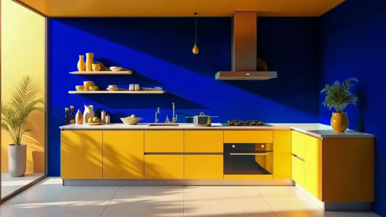 Cuisine aux murs bleu majorelle éclatant et meubles jaunes vifs. Des étagères chargées de vaisselle, une plante verte et un plan de travail moderne.
