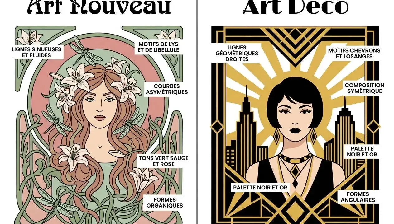 Comment reconnaitre l'art déco : lignes géométriques, composition symétrique, palette noir et or, formes angulaires. L'image oppose ces caractéristiques à l'Art Nouveau.