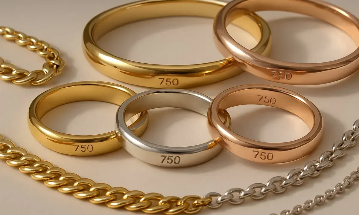 Comment reconnaître l'or 18 carats : des bagues et chaînes en or jaune, rose et argenté portent la marque "750", indiquant 75% d'or pur.