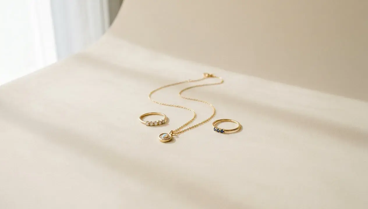 Trois bijoux en or : un collier avec pendentif opale et deux bagues, l'une ornée de diamants, l'autre de saphirs. Comment savoir si un bijou est en or ?