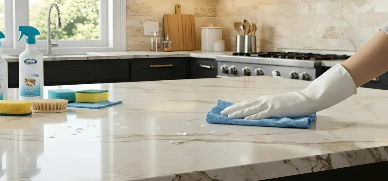 Main d'une personne portant un gant blanc, essuyant un comptoir en pierre naturelle avec un chiffon bleu. Le nettoyage de pierre naturelle à l'intérieur est essentiel pour préserver sa beauté.