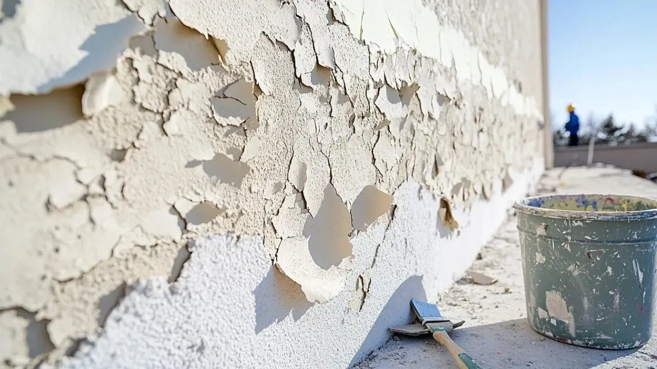 Le **enduit qui se décolle** sur un mur extérieur, prêt pour une rénovation. Un pinceau et un seau de peinture sont à proximité.