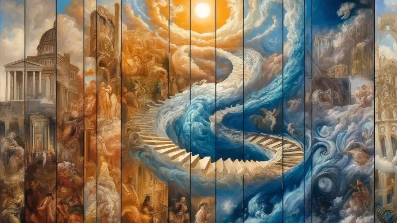 Une œuvre d'un peintre contemporain français : escalier céleste, architecture antique, figures mythologiques, ciel orageux et soleil éclatant.