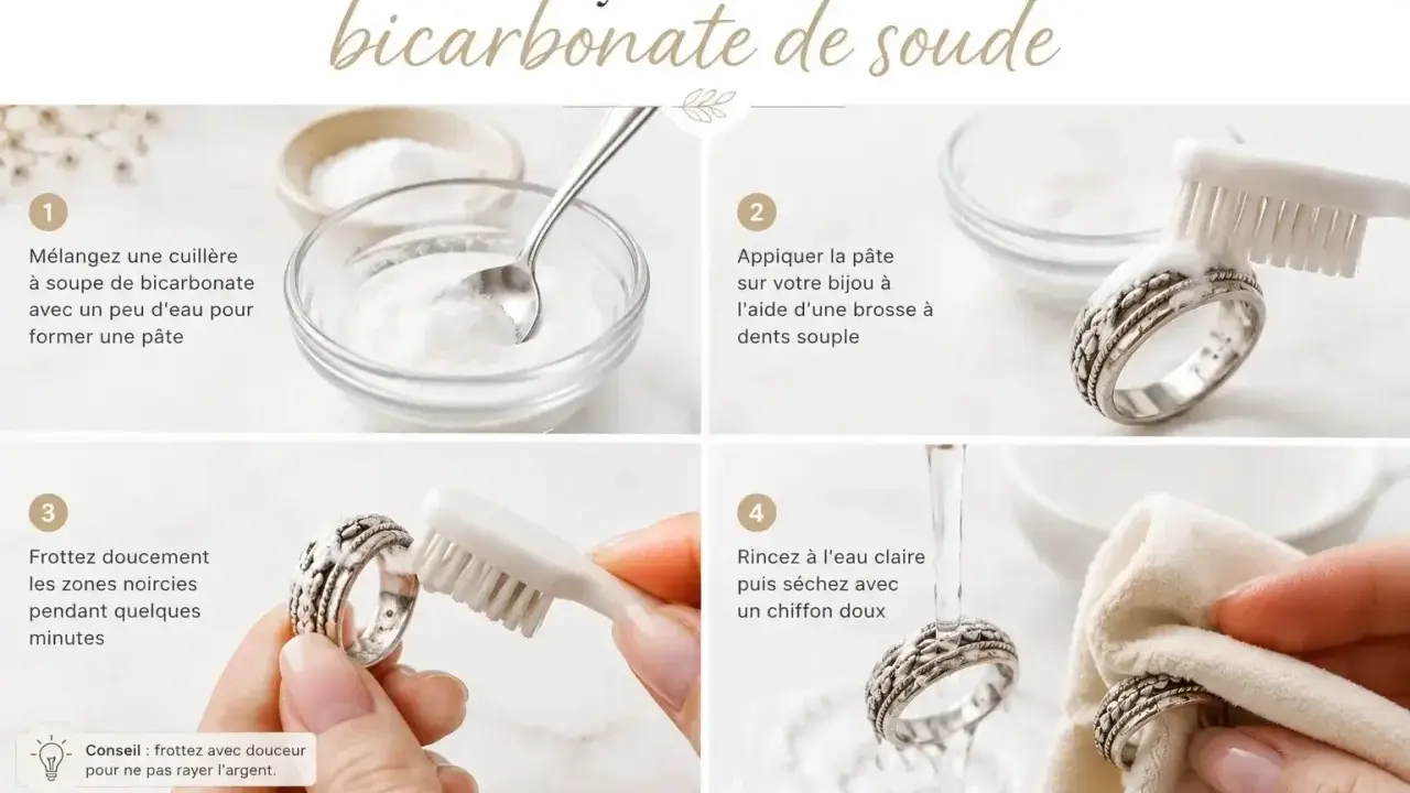 Guide pour nettoyer l'argent avec du bicarbonate de soude : mélange, application, brossage doux, rinçage et séchage pour redonner éclat.