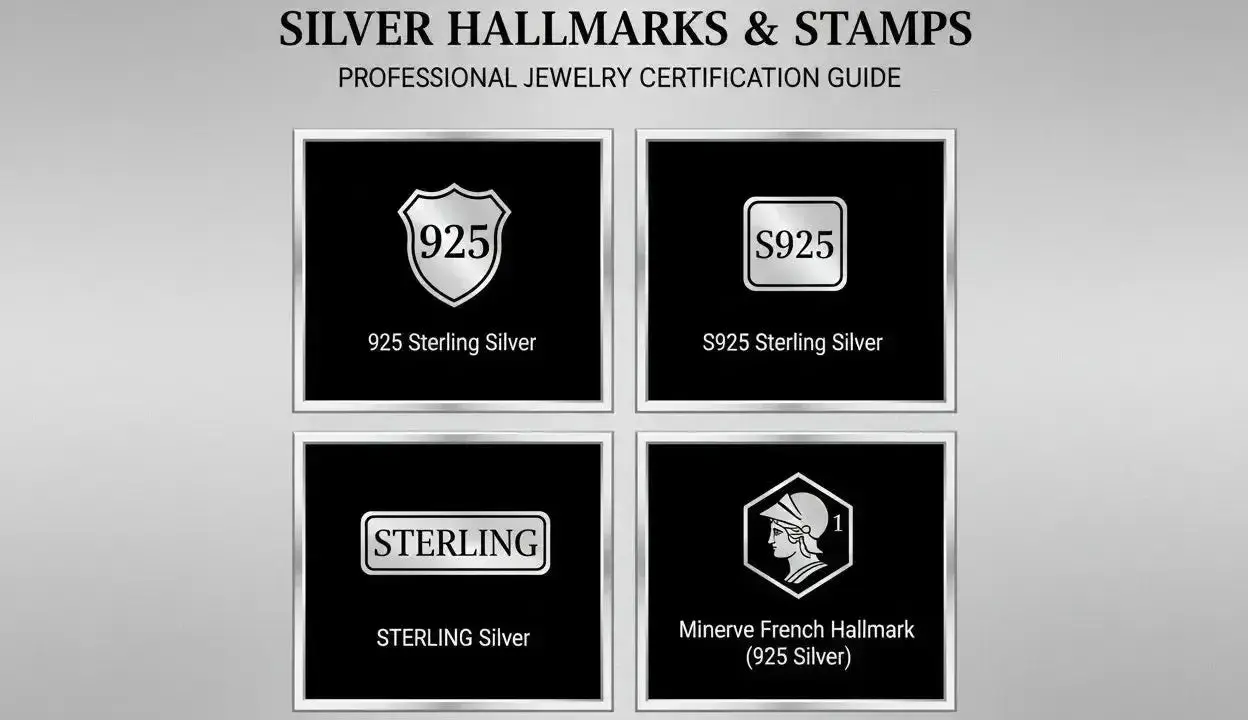 Guide des poinçons pour l'argent : 925, S925, STERLING et Minerve. Ces marques garantissent la qualité de l'argent.