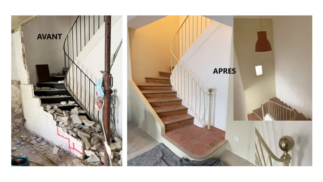 Avant/Après : un escalier art nouveau transformé, passant d'un chantier chaotique à une rénovation élégante.