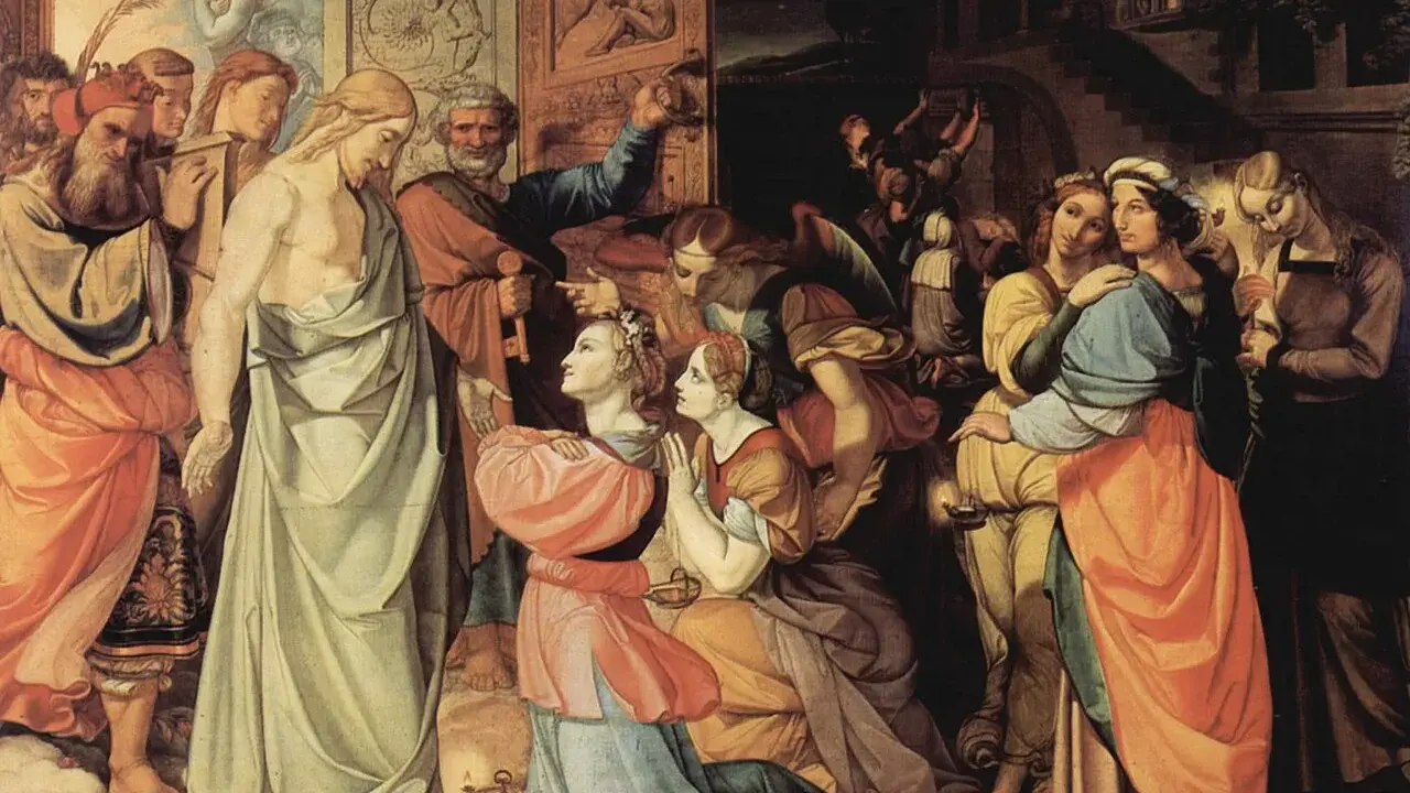 Un peintre religieux contemporain dépeint le Christ sortant d'un tombeau, accueilli par des anges et des disciples, tandis que des femmes aux lampes attendent dans la nuit.