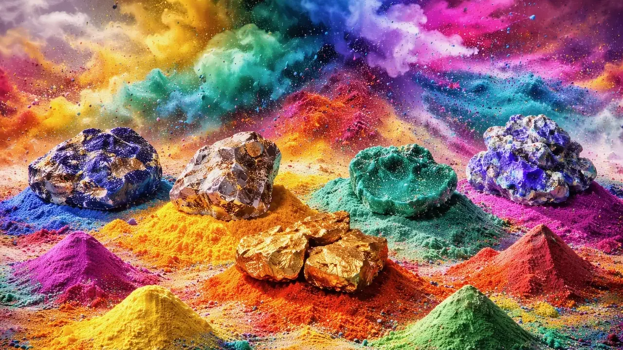 Des roches colorées reposent sur des tas de pigments organiques vibrants, évoquant un paysage de rêve.