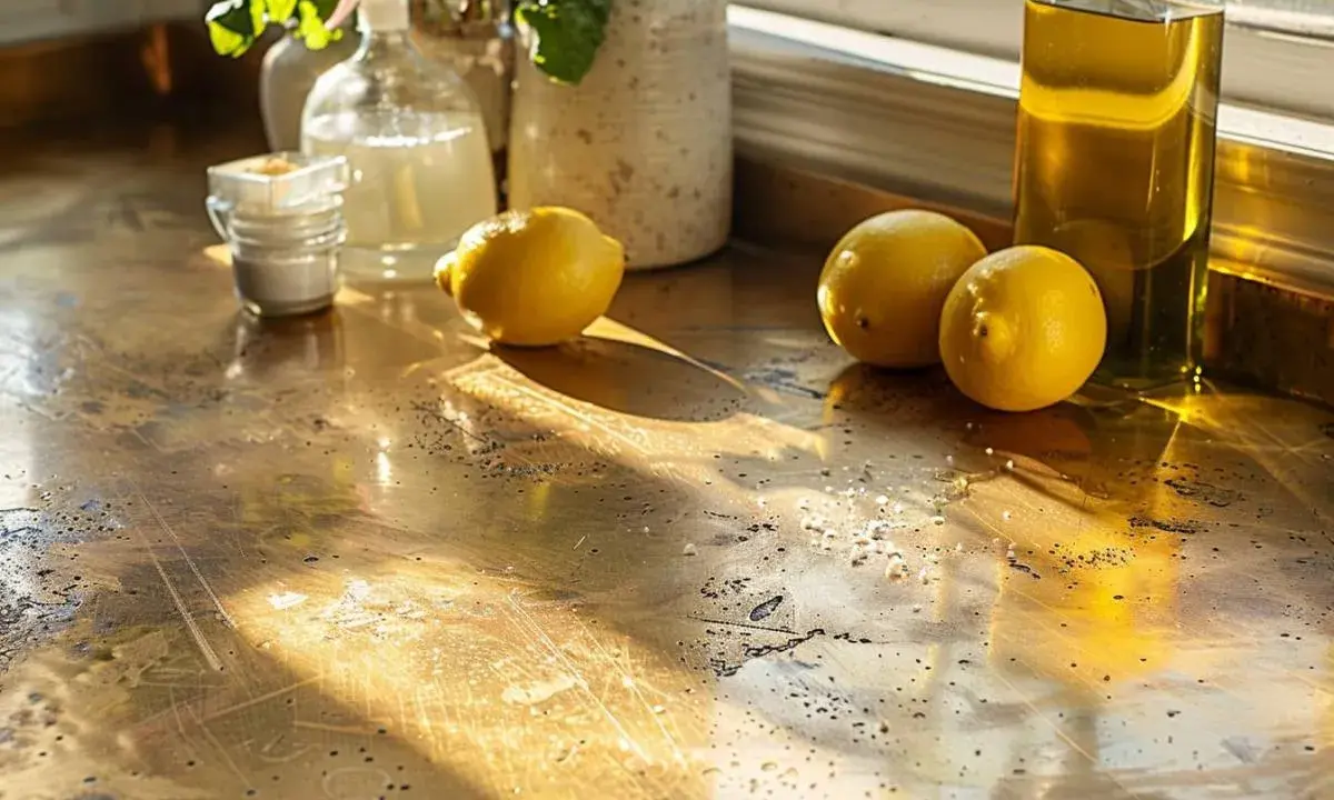 Citrons, sel et huile d'olive sur un plan de travail en laiton. Une recette de grand-mère pour nettoyer le laiton.