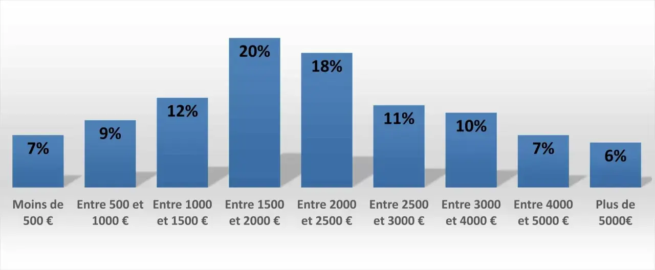 Graphique montrant la répartition des salaires. Le marqueteur peut espérer un salaire entre 1500 et 2000€ (20%).