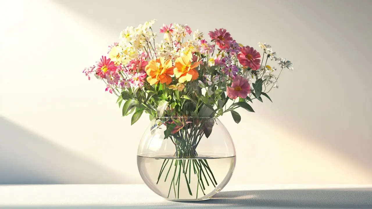 Un bouquet coloré de fleurs en verre déco, aux teintes roses, oranges et blanches, baigne dans la lumière douce d'une fenêtre.
