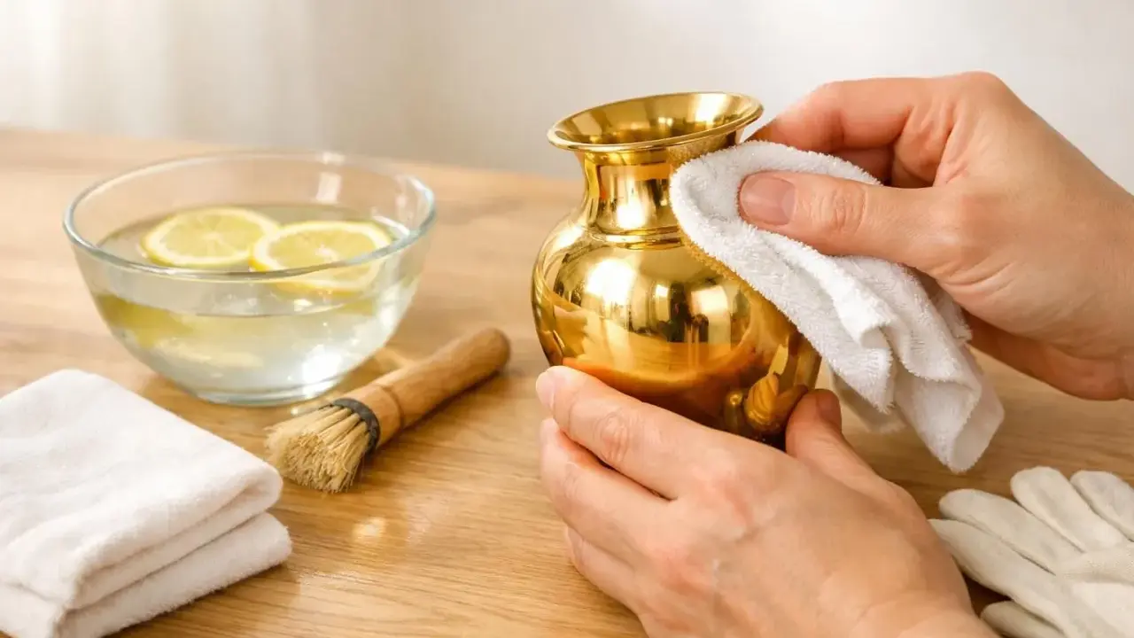 Nettoyer métal doré oxydé avec une solution de citron et de l'eau. Un petit vase brille après le nettoyage.