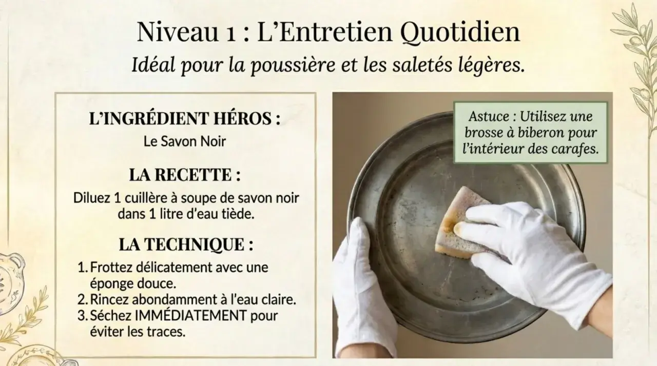 Main tenant une éponge pour faire briller de l'étain, avec des instructions pour nettoyer.
