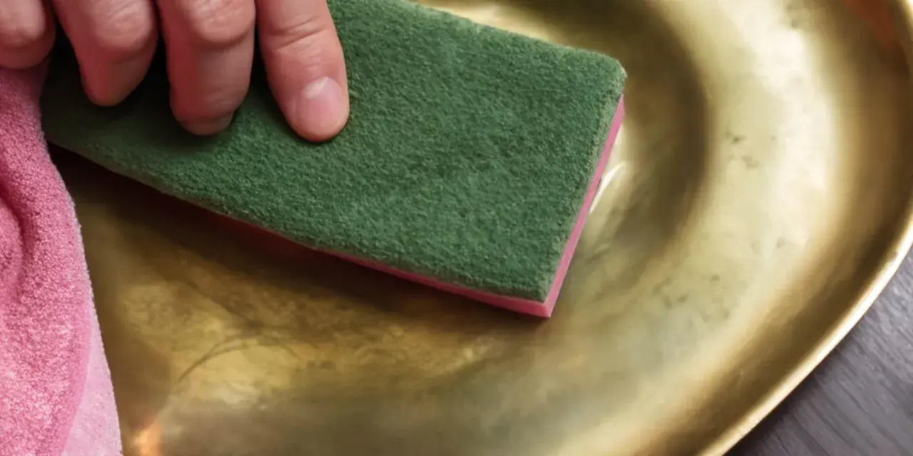 Main tenant une éponge verte et rose, une main frotte un plateau en cuivre jaune pour le nettoyer.