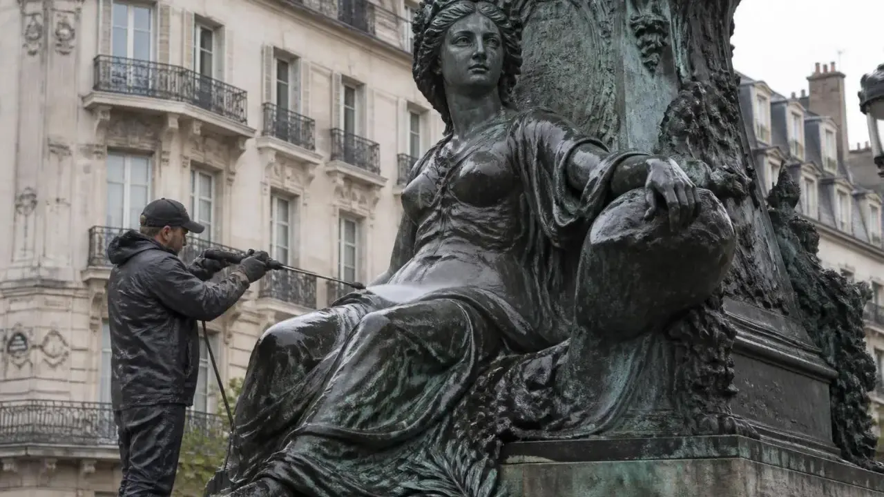 Un homme nettoie une statue en bronze avec un jet d'eau. Il apprend comment nettoyer le bronze pour redonner son éclat à l'œuvre.