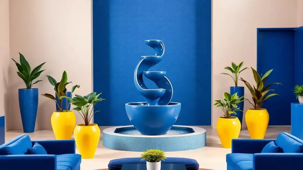 Fontaine bleue majorelle Marrakech, entourée de plantes vertes dans des pots jaunes vifs et de canapés bleus.