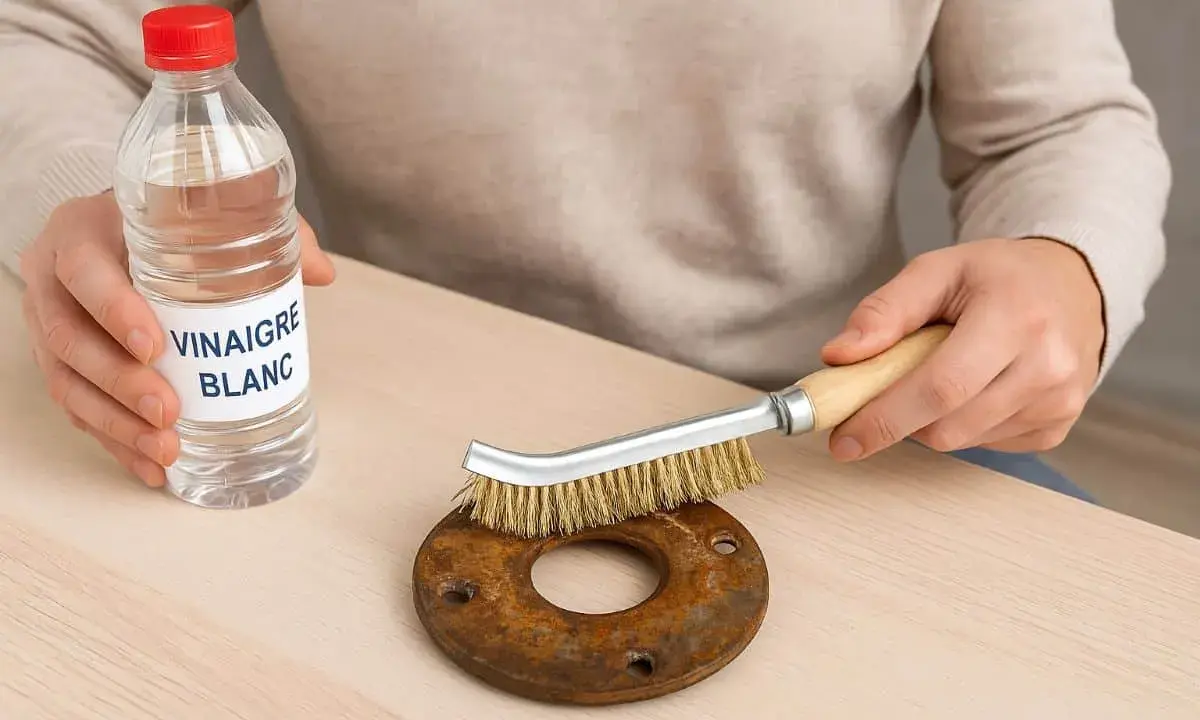 Une personne utilise du vinaigre blanc et une brosse métallique pour nettoyer du métal rouillé.