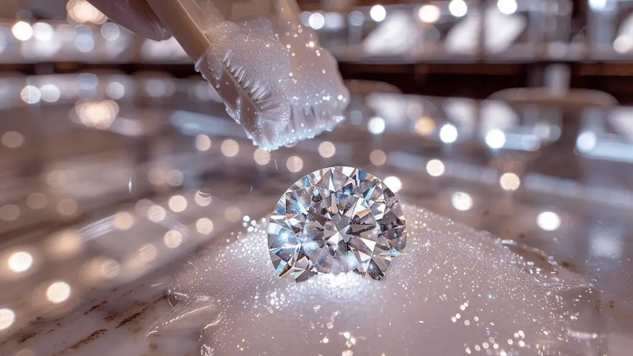 Un diamant étincelant est délicatement brossé dans des bulles savonneuses, révélant les secrets de comment nettoyer des diamants pour qu'ils brillent de mille feux.