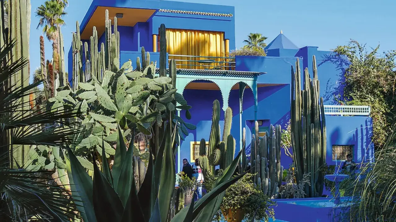 La **maison bleu Majorelle** se dresse fièrement, entourée d'une jungle de cactus et de palmiers. Un spectacle vibrant sous le ciel bleu.