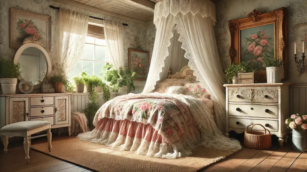 Chambre shabby chic contemporain avec un lit à baldaquin, des dentelles, des fleurs et beaucoup de lumière.