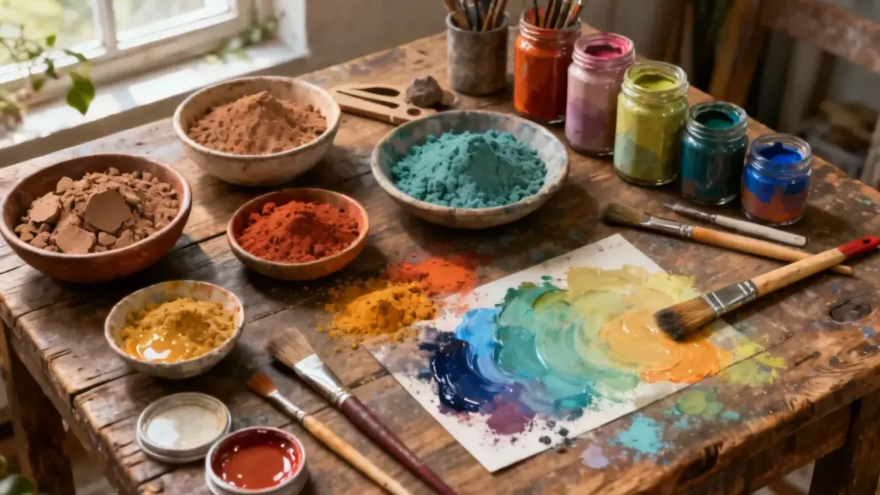 Pots de pigments naturels colorés, prêts pour une recette de colle naturelle. Pinceaux et palette de couleurs sur un établi en bois.