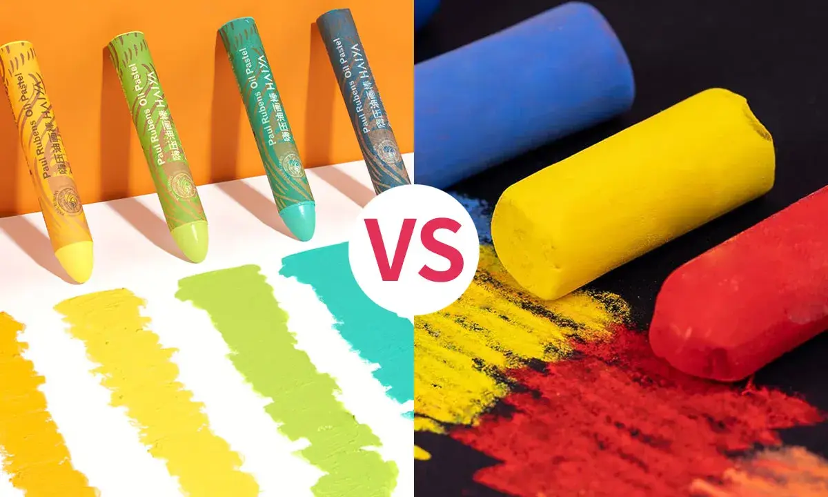 Comparaison de pastels à l'huile et de pastels secs. Des bâtonnets de couleurs vives sont présentés avec des échantillons de traits sur papier.