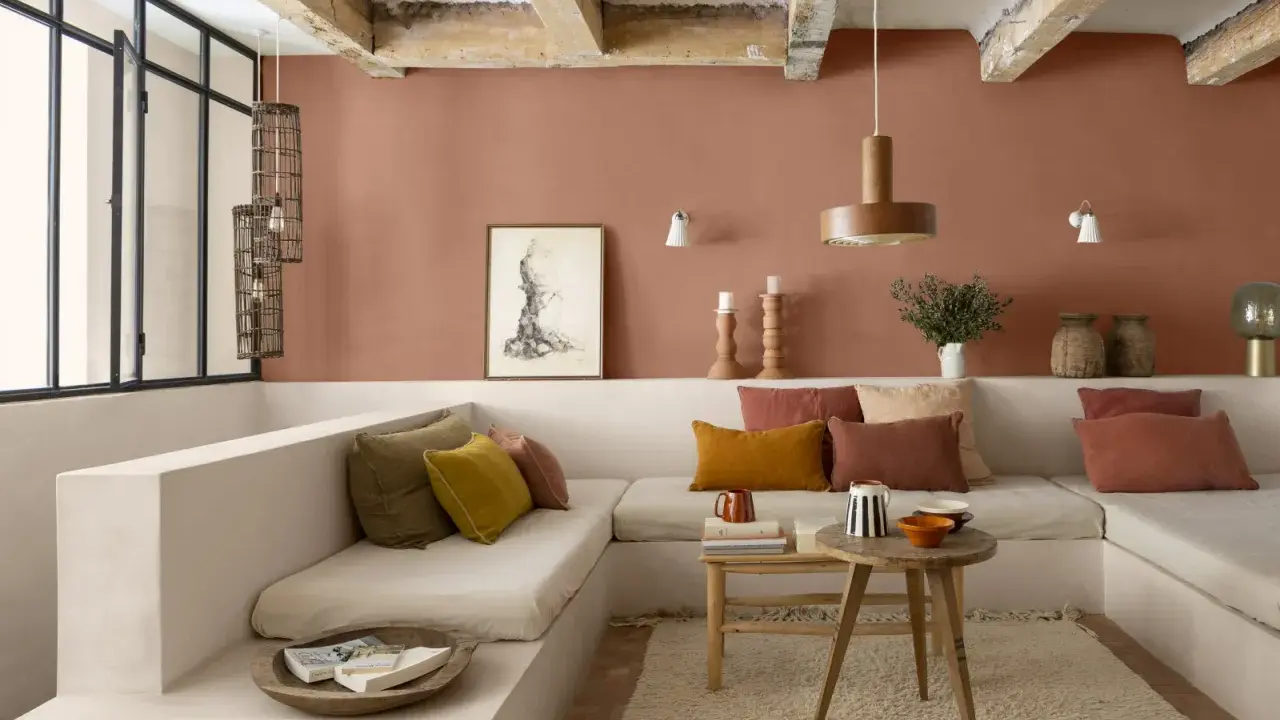 Salon cosy aux murs couleur brun terre de France, banquette en L, coussins ocre et rouille, table basse en bois brut.