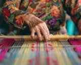 Mains d'une personne tissant sur un métier à tisser avec des fils colorés.