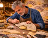 Un artisan expérimenté, au cœur de son atelier, déploie son savoir faire artisanal pour peindre délicatement un éventail.