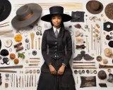 Une jeune femme, une modiste, pose entourée d'outils et de matériaux pour la création de chapeaux.