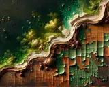 Une texture abstraite évoquant une terre verte luxuriante, contrastant avec une surface craquelée et ancienne.