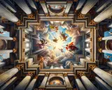 Un plafond orné de colonnes majestueuses et de peintures de **peintres figuratifs contemporains** représentant des anges dans un ciel lumineux.