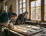 Deux artisans restaurent une ancienne fenêtre art nouveau dans leur atelier baigné de lumière.