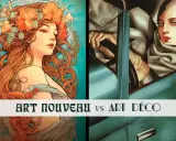 Comparaison entre l'art nouveau et l'art déco : une femme aux fleurs et une autre au volant d'une voiture.