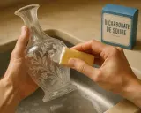 Apprendre comment nettoyer du cristal : une éponge imbibée de bicarbonate de soude frotte délicatement un vase orné.