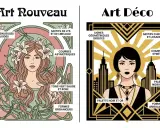 Comment reconnaitre l'art déco : lignes géométriques, composition symétrique, palette noir et or, formes angulaires. L'image oppose ces caractéristiques à l'Art Nouveau.