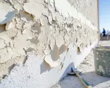 Le **enduit qui se décolle** sur un mur extérieur, prêt pour une rénovation. Un pinceau et un seau de peinture sont à proximité.