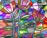 Un vitrail moderne dessin aux couleurs vives, représentant des fleurs stylisées aux formes organiques.