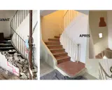 Avant/Après : un escalier art nouveau transformé, passant d'un chantier chaotique à une rénovation élégante.